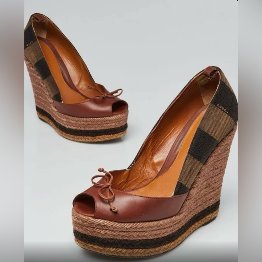 Fendi Tobacco Zucca Print Canvas Peep-Toe Wedges